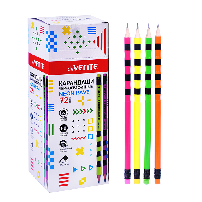Карандаш чернографитный "Neon Rave" HB, диаметр грифеля 2 мм, круглый, с ластиком, заточенн