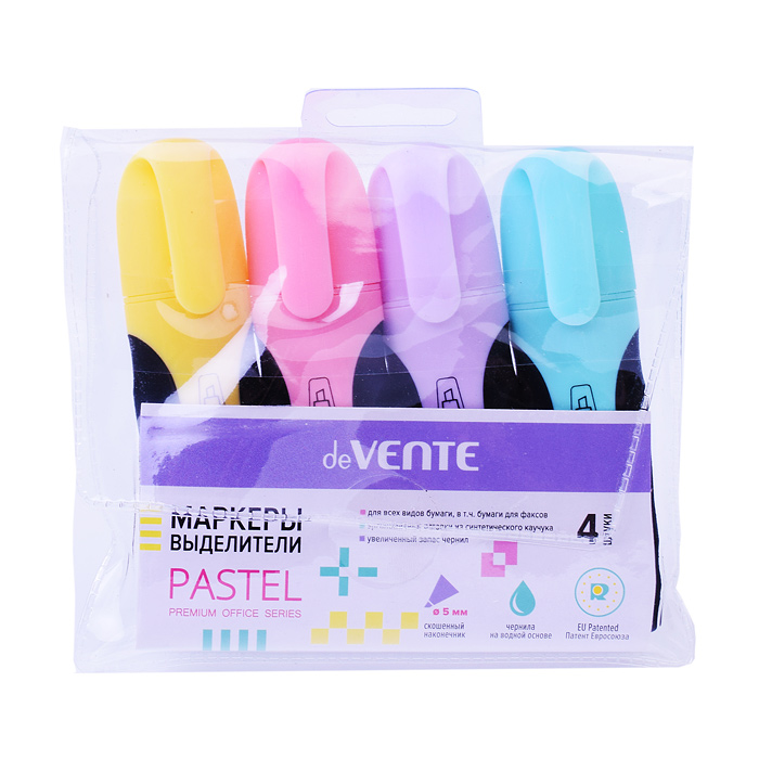 Фото к товару Набор маркеров-выделителей "Pastel" (04 цв - пастельные желт, роз, фиал, бирюз) плоский кор Набор маркеров-выделителей "Pastel" (04 цв - пастельные желт, роз, фиал, бирюз) плоский кор