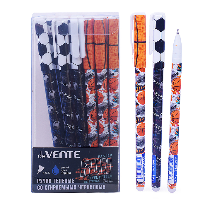 Ручка гелевая стираемая "Sport" d=0,5 мм, 2 дизайна корпуса ассорти, с ластиком, сменный ст