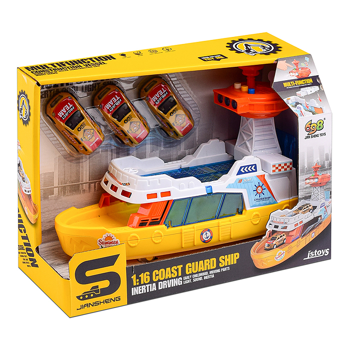 Катер JS160B "Морская гавань" на батарейках, с машинками, в коробке