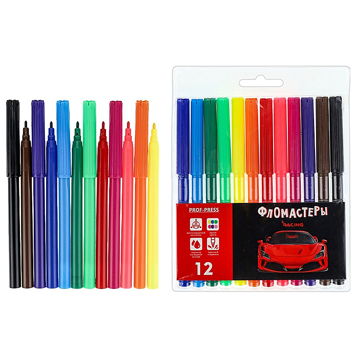 Фломастеры 12цв с вентилируемым колпачком "Красное авто" в пласт. блистере, Фломастеры 12цв с вентилируемым колпачком "Красное авто" в пласт. блистере,