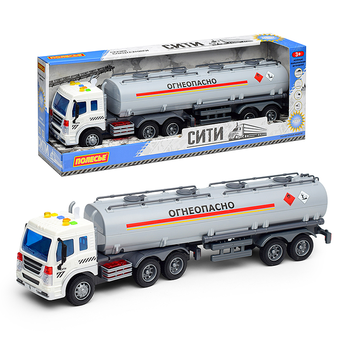 Автомобиль "Сити" с полуприцепом-цистерной инерционный (со светом и звуком) (в коробке) Автомобиль "Сити" с полуприцепом-цистерной инерционный (со светом и звуком) (в коробке)