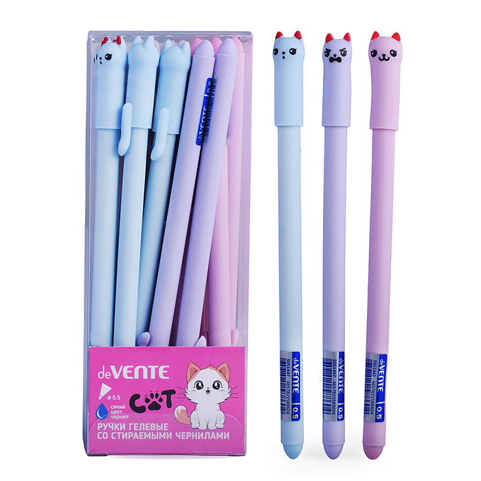 Ручка гелевая стираемая "Cat" d=0,5 мм, цвета корпуса ассорти 3 пастельных цвета, декоратив