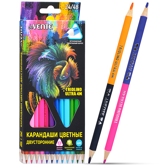 Карандаши цветные двухсторонние "Triolino Ultra 4М" 24 штуки / 48 цветов, 4М, диаметр грифеля 3мм