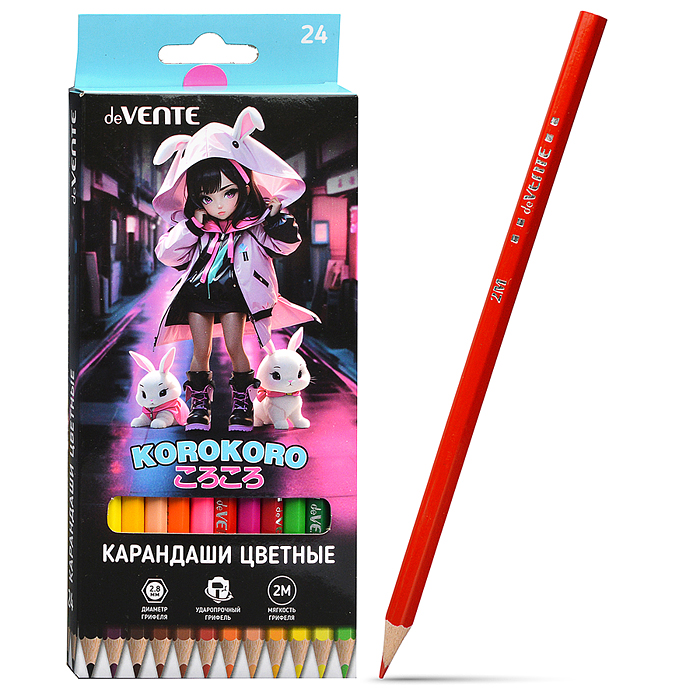 Карандаши цветные 24цв, "Korokoro" 2М, диаметр грифеля 2,8 мм, шестигранные