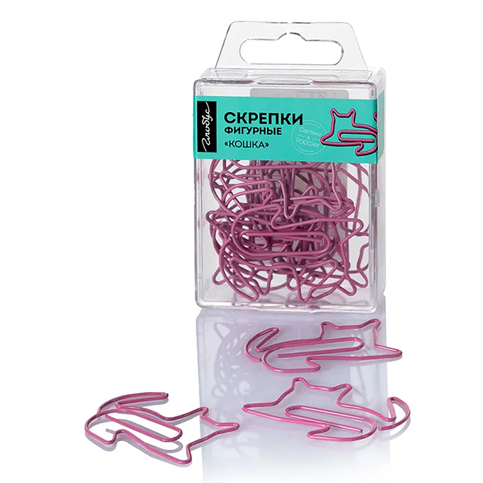 Скрепки фигурные кошка L45 мм 12 шт., пластик. коробка, европодвес, розовые 