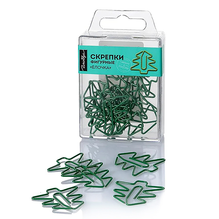 Скрепки-ёлочка L33 мм, 12 шт. пластиковая коробка, европодвес, зеленые