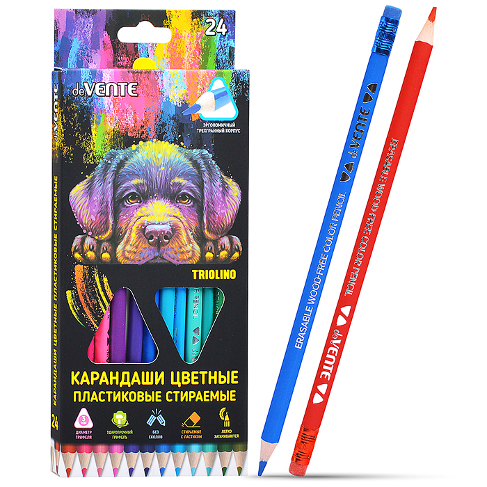 Карандаши цветные пластиковые "Triolino. Erase" стираемые, 24 цвета, 2М, диаметр грифеля 3мм 