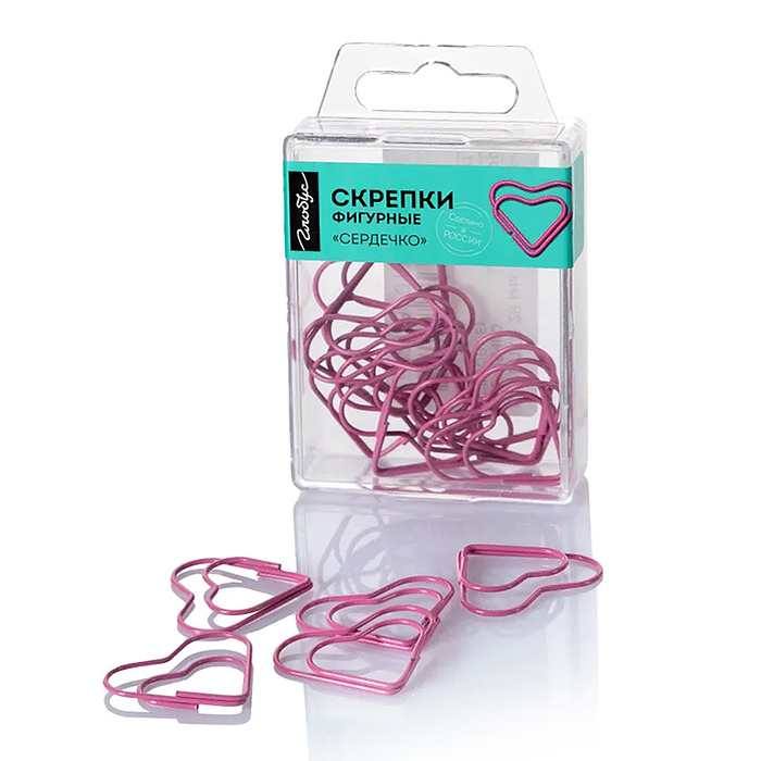 Скрепки фигурные сердечко L28 мм 12 шт., пластик. коробка, европодвес, розовые 