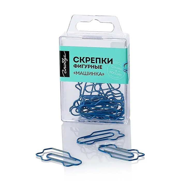 Скрепки фигурные машинка L40 мм, 12 шт., пластик. коробка, европодвес синие 