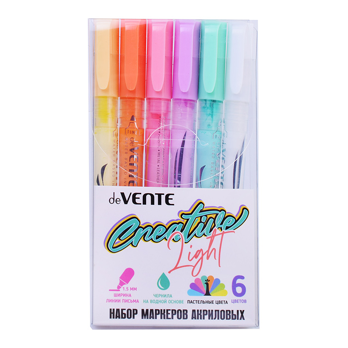 Фото к товару Набор маркеров акриловых 6 цв. пастельных круглый корпус, пулевидный наконечник, шир Набор маркеров акриловых 6 цв. пастельных круглый корпус, пулевидный наконечник, шир