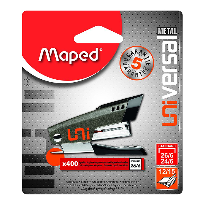 Степлер мини "Universal Metal" метал., на 15 л., скобы 24/6 и 26/6, с встр. антистеплером