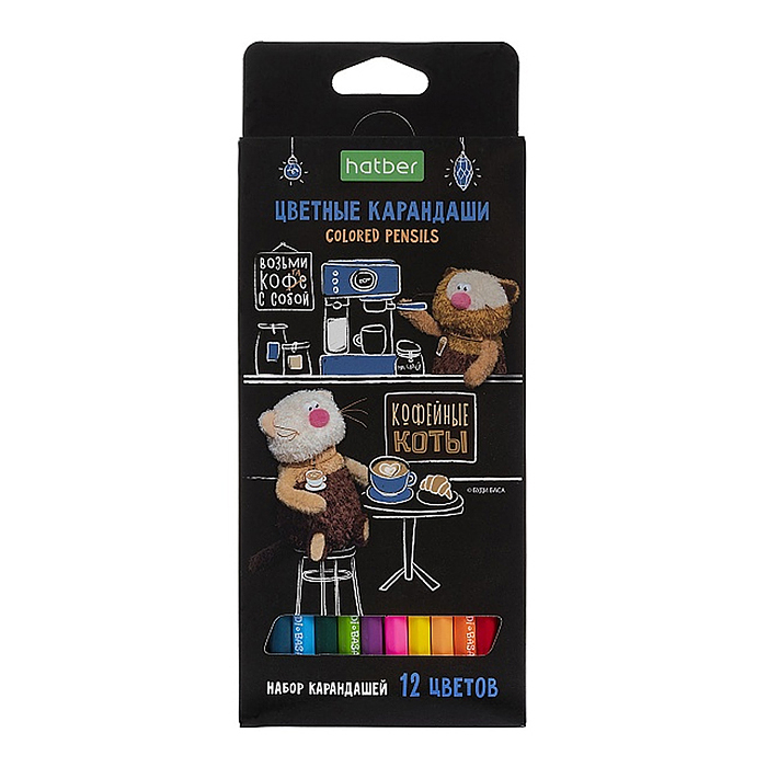 Карандаши цветные 12цв. ECO "Кофейные коты" заточен. в карт. коробке с европодвесом