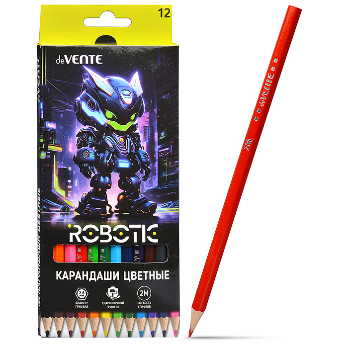 Карандаши цветные 12 цв. "Robotic" 2М, диаметр грифеля 2,8 мм, шестигранные, в картонно