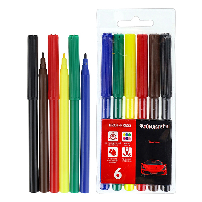 Фломастеры 6цв с вентилируемым колпачком "Красное авто" в пласт. блистере, Фломастеры 6цв с вентилируемым колпачком "Красное авто" в пласт. блистере,