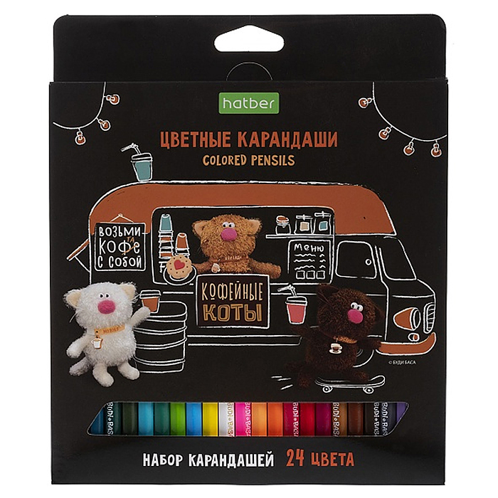 Карандаши цветные 24 цв. ECO "Кофейные коты" заточен. в карт. короб. с европодвесом