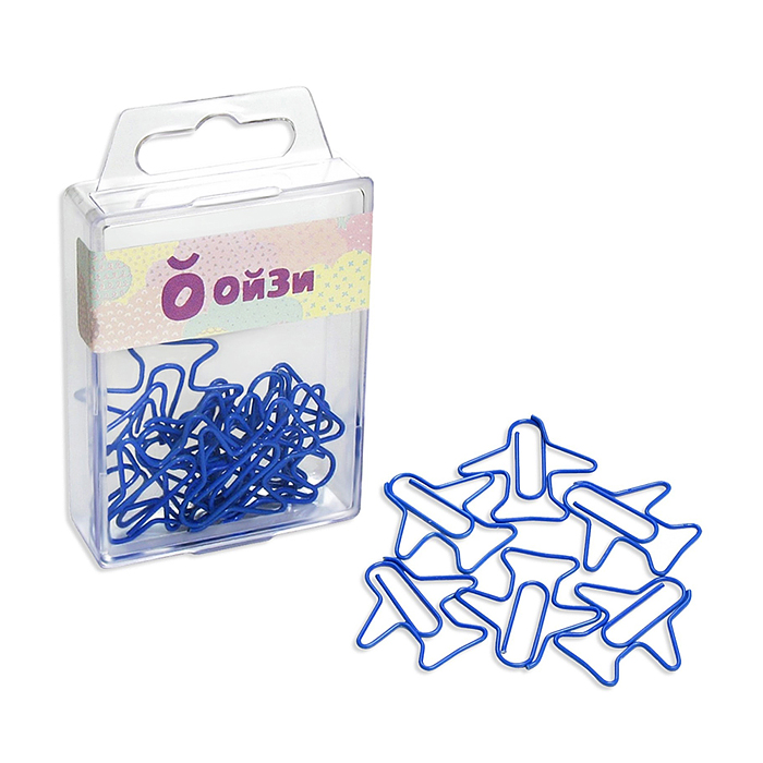 Скрепки фигурные самолет L28 мм, 12 шт.,пластик.коробка, европодвес синие 