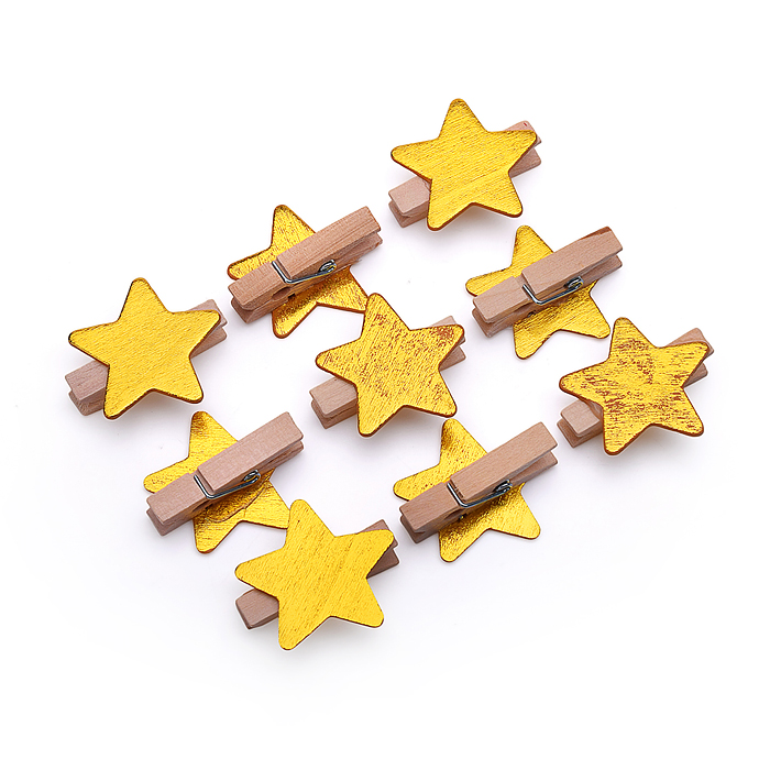 Набор новогодних украшений S2604 "Золотые звёзды-прищепки" (9шт х 4см)