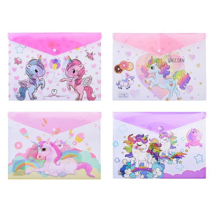 Папка конверт на кнопке UNICORN, 26 х 36 см, , пластиковая, плотность 180 мкм, 4 дизайна в ассор