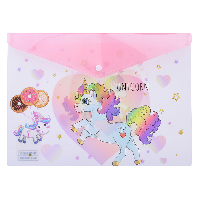 Папка конверт на кнопке UNICORN, 26 х 36 см, , пластиковая, плотность 180 мкм, 4 дизайна в ассор