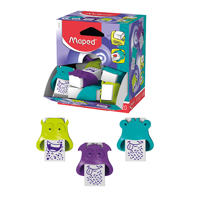 Ластик декорированный "Little monster" в пластиковом футляре в виде монстра, ассорти, в  дисплее