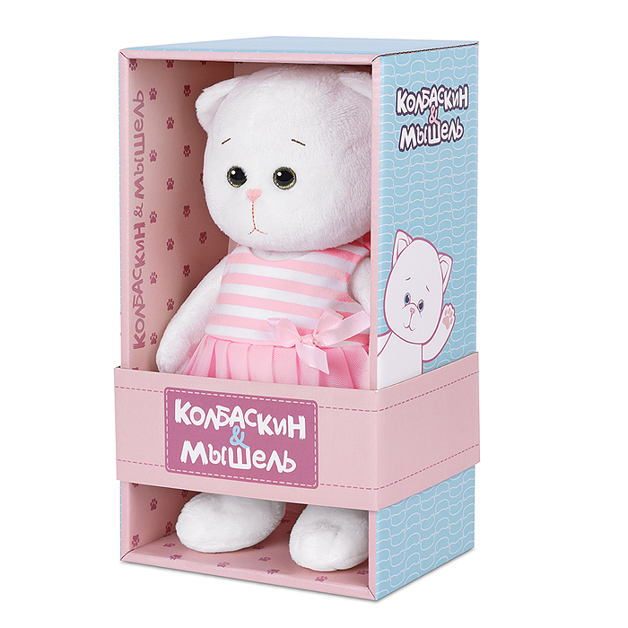 Мышель в полосатом розовом платье с бантиком, 20 см, в коробке
