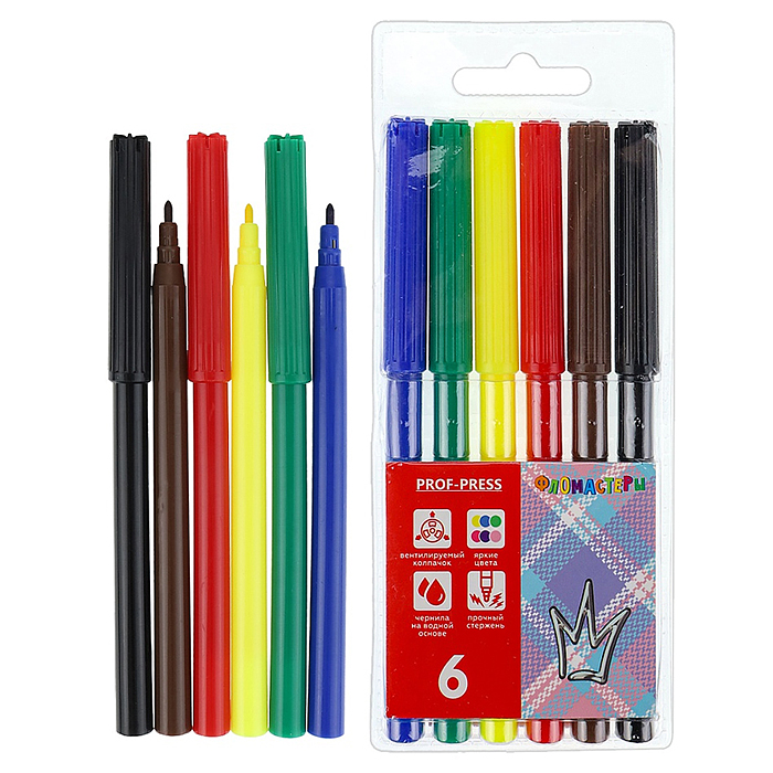 Фломастеры 6цв. с вентилируемым колпачком "Корона" пласт. блистере, Фломастеры 6цв. с вентилируемым колпачком "Корона" пласт. блистере,