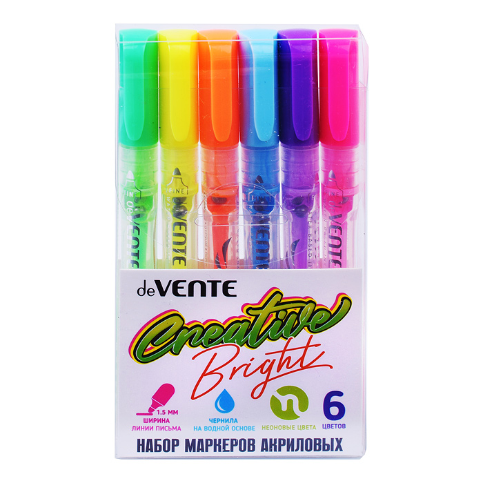 Фото к товару Набор маркеров акриловых 6 неоновых цветов, круглый корпус, пулевидный наконечник, ширин Набор маркеров акриловых 6 неоновых цветов, круглый корпус, пулевидный наконечник, ширин