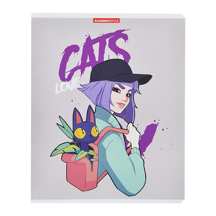 Тетрадь 48л. клетка, А5 "Девушка с котом" отделка ВД лак, текстура