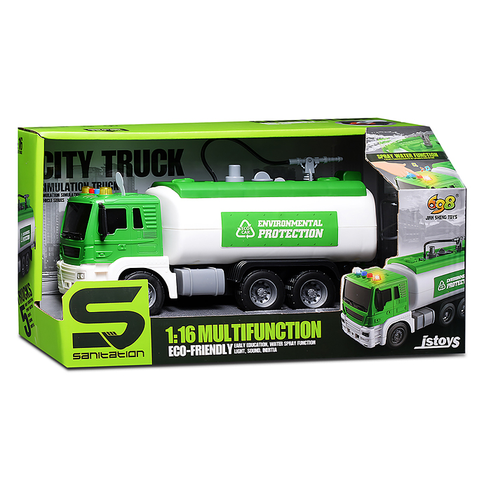Машина JS111B "Цистерна" 1:16 (свет, звук, вода) в коробке (зеленый)