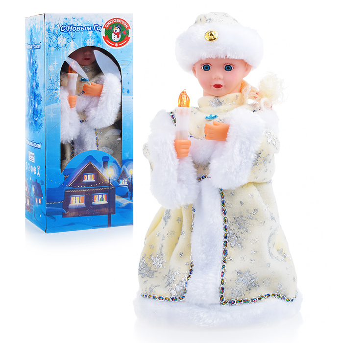 Снегурка S0095 со свечой в белой шубе, музыкальная 30см в коробке