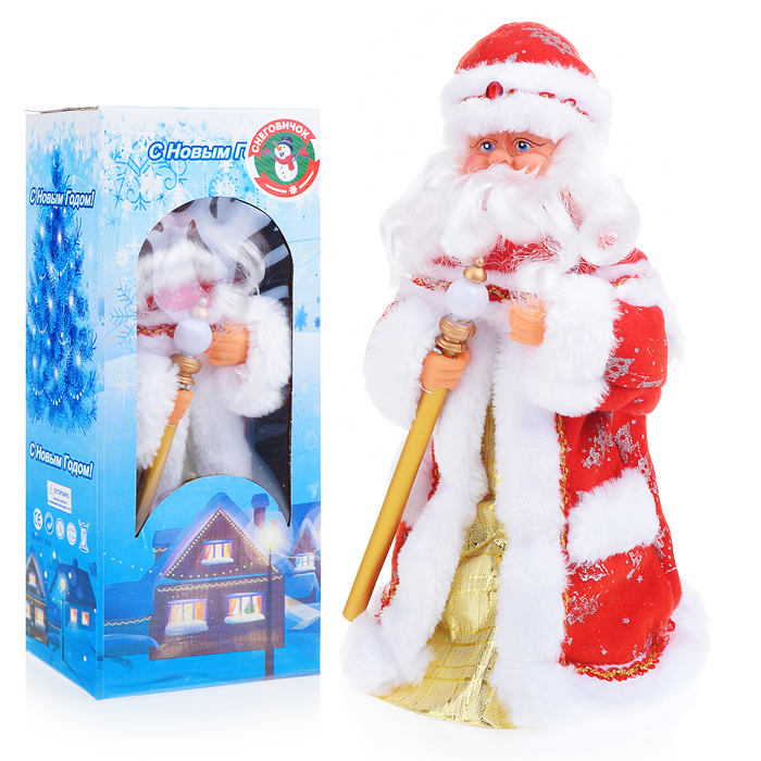 Дедушка Мороз S0105 в шубе с елочками, музыкальный 30см в коробке
