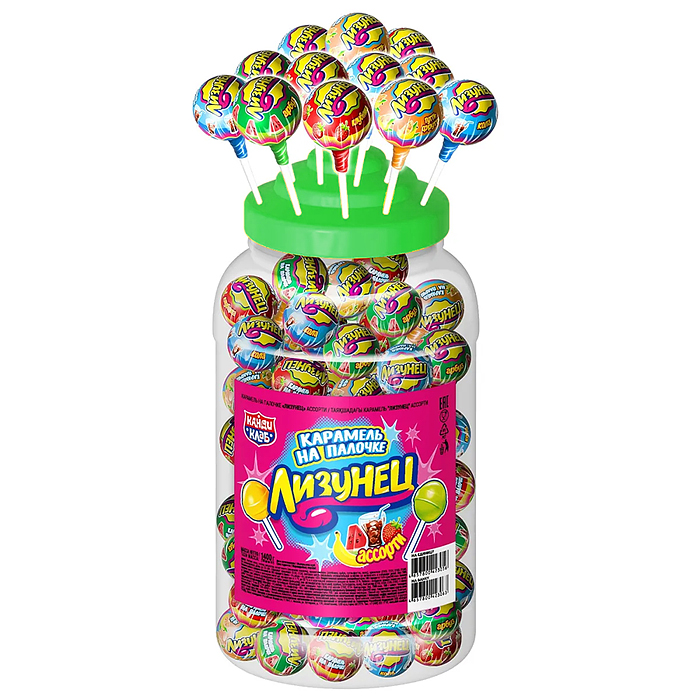Карамель на палочке "Лизунец" ассорти 14 г (100шт) Карамель на палочке "Лизунец" ассорти 14 г (100шт)