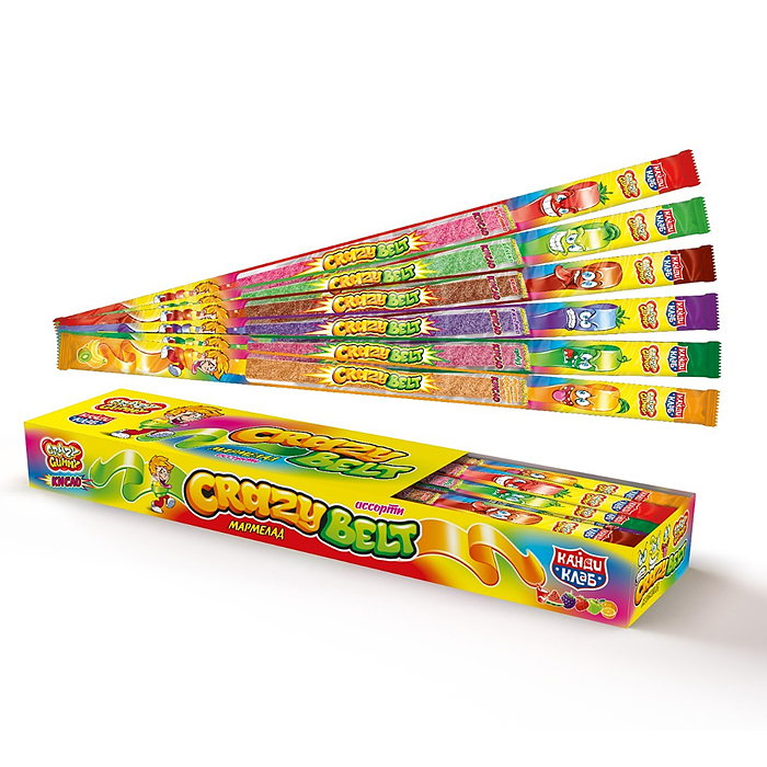 Мармелад в кислой обсыпке "Crazy gummy. Crazy belt" (кислый ремешок) ассорти 15гр*72шт