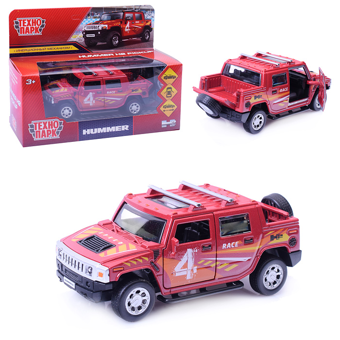 Машина металл Hummer H2 Pickup Спорт, 12 см, (двер, багаж, красный) инерц, в коробке Машина металл Hummer H2 Pickup Спорт, 12 см, (двер, багаж, красный) инерц, в коробке