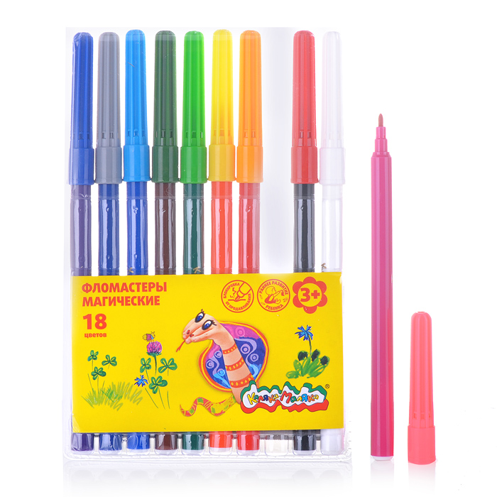 Фломастеры 18 цв., 9+1 шт., магические, вент.колп.,блист. упак., кругл. корп., 3+ Фломастеры 18 цв., 9+1 шт., магические, вент.колп.,блист. упак., кругл. корп., 3+