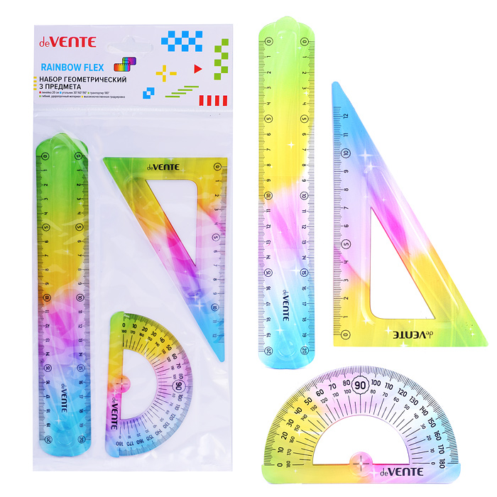 Набор геометрический "Rainbow Flex" малый, 3 предмета (линейка 20 см, угольник 30°/60°/90°,