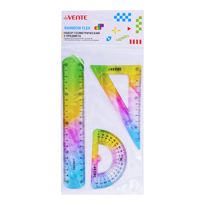 Фото к товару Набор геометрический "Rainbow Flex" малый, 3 предмета (линейка 20 см, угольник 30°/60°/90°, Набор геометрический "Rainbow Flex" малый, 3 предмета (линейка 20 см, угольник 30°/60°/90°,
