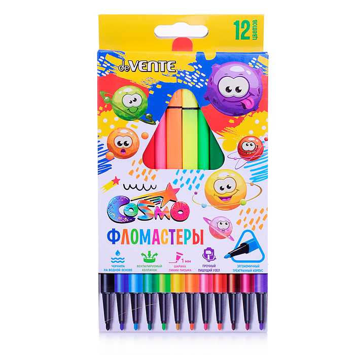 Фломастеры "Trio" 12 цветов, трехгранный корпус, с вентилируемым колпачком, в картонной кор Фломастеры "Trio" 12 цветов, трехгранный корпус, с вентилируемым колпачком, в картонной кор