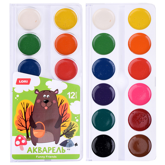 Акварель 12 цветов, Funny Friends, б/к в пластиковой упаковке с крышкой Акварель 12 цветов, Funny Friends, б/к в пластиковой упаковке с крышкой