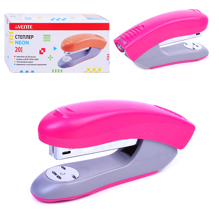 Степлер "Neon" 24/6&26/6 (мощность 20 листов, глубина скрепления 59 мм) пластиковый, в карт