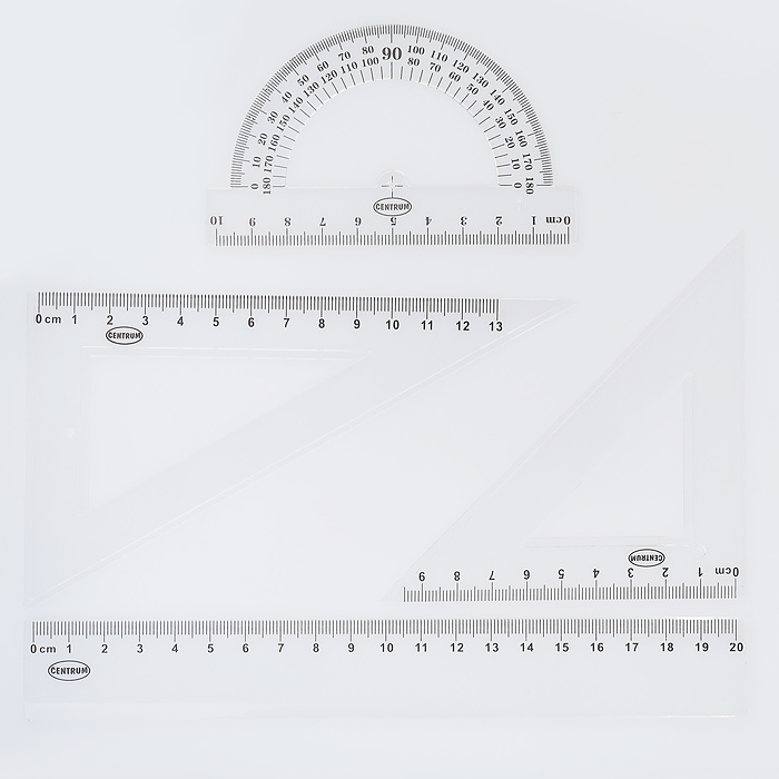 Набор линеек: линейка 20 см, 2 треугольника, транспортир в инд. упаковке с европодвесом.