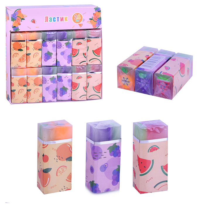 Ластик из синтетического каучука Фрукты, дизайны ассорти (апельсин, виноград, арбуз), в индиви