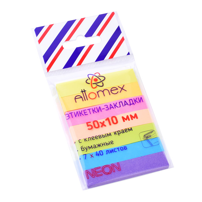 Набор самоклеящихся этикеток-закладок "Attomex" бумажные 50x10 мм, 7x40 листов, офсет 75 г/м², 7 нео