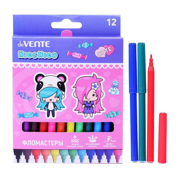 Фломастеры "NicoNico" 12 цветов с вентилируемым колпачком, в картонной коробке с подвесо Фломастеры "NicoNico" 12 цветов с вентилируемым колпачком, в картонной коробке с подвесо