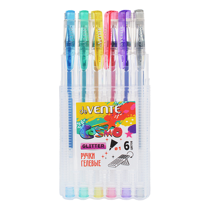 Набор ручек гелевых 6 цв. с блестками "Cosmo Glitter" d=1 мм, прозрачный корпус с мета