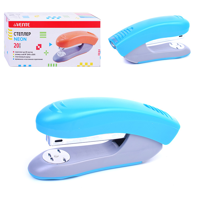 Степлер "Neon" 24/6&26/6 (мощность 20 листов, глубина скрепления 59 мм) пластиковый, в карт