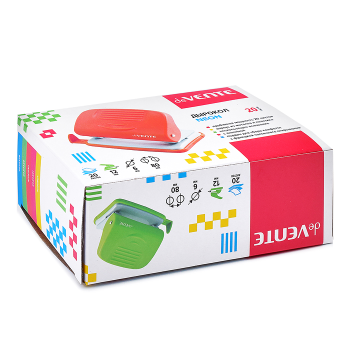 Фото к товару Дырокол "Neon" (20 листов) пластиковый с линейкой, в картонной коробке, неоновый зеленый Дырокол "Neon" (20 листов) пластиковый с линейкой, в картонной коробке, неоновый зеленый