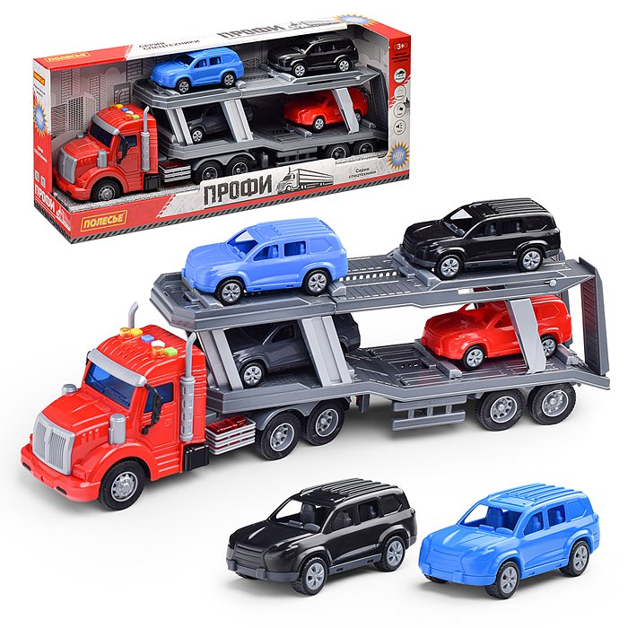 Автомобиль-тягач "Профи" с полуприцепом-автовозом инерционный (со светом и звуком) + 4 автомобиля (