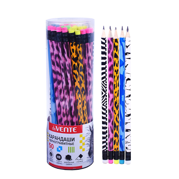 Карандаш чернографитный HB, диаметр грифеля 1,85 мм, круглый, с ластиком, animal print асс